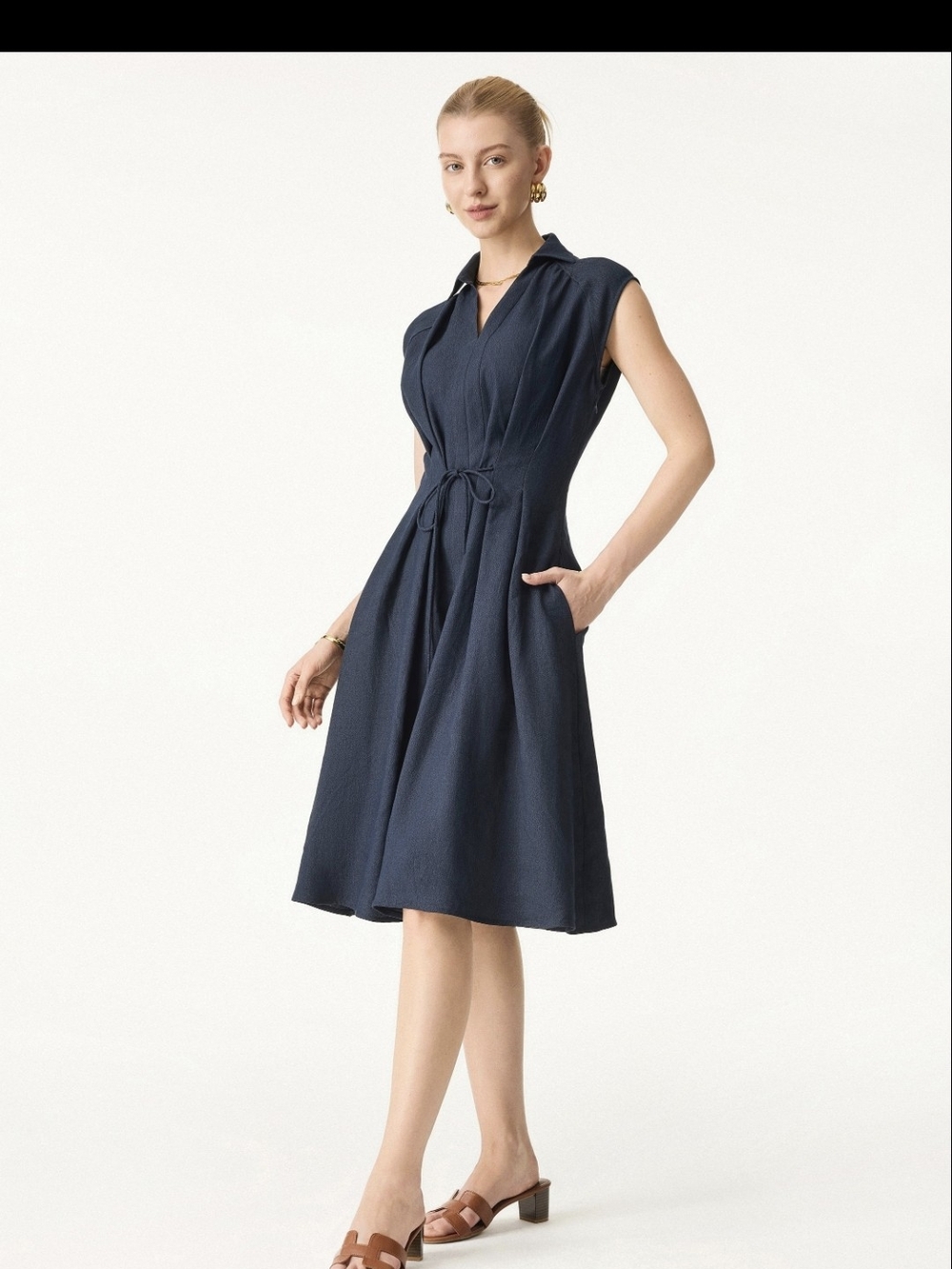 OGL- Viscose-Linen Collared V-neck Midi Dress with Drawstring